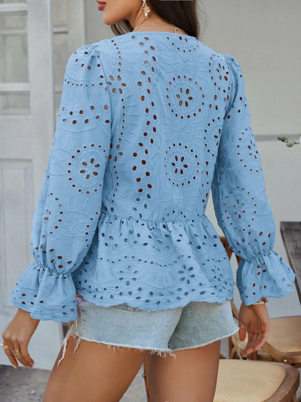 Tie Front Flounce Sleeve Peplum Blouse, image 3