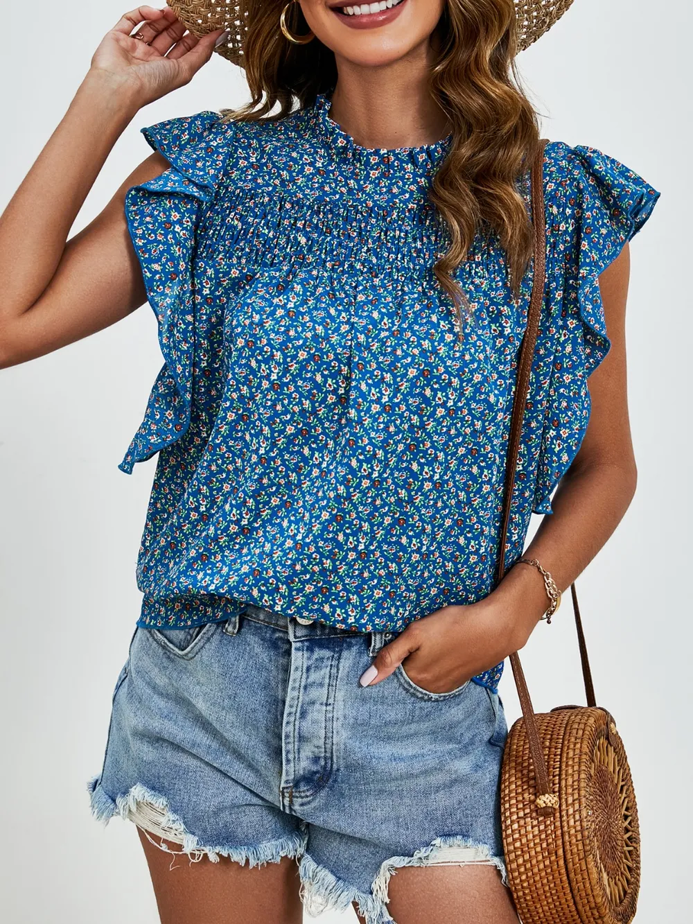 Ruffled Ditsy Floral Mock Neck Cap Sleeve Blouse, image 25