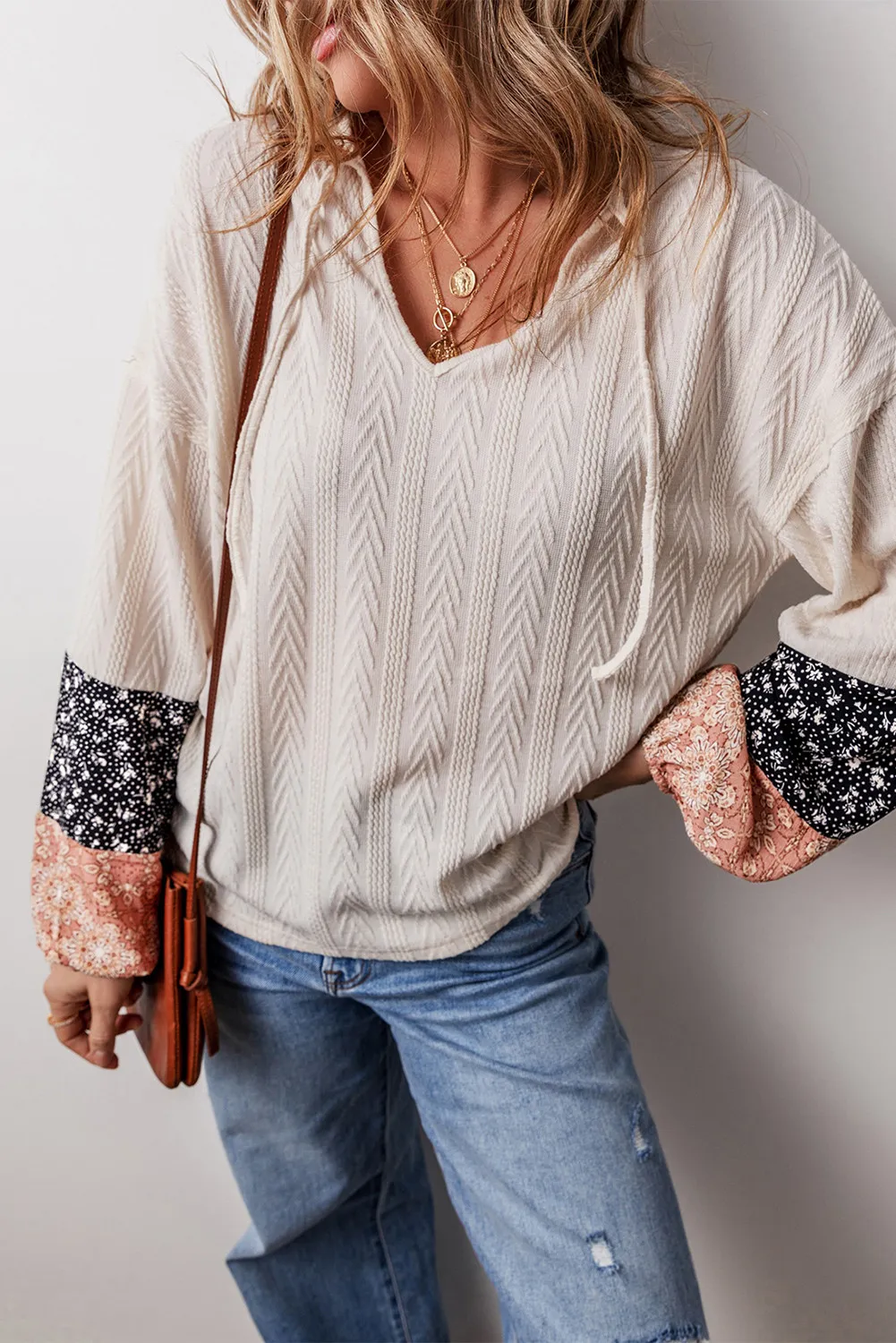 Color Block Tie Neck Long Sleeve Top, image 12