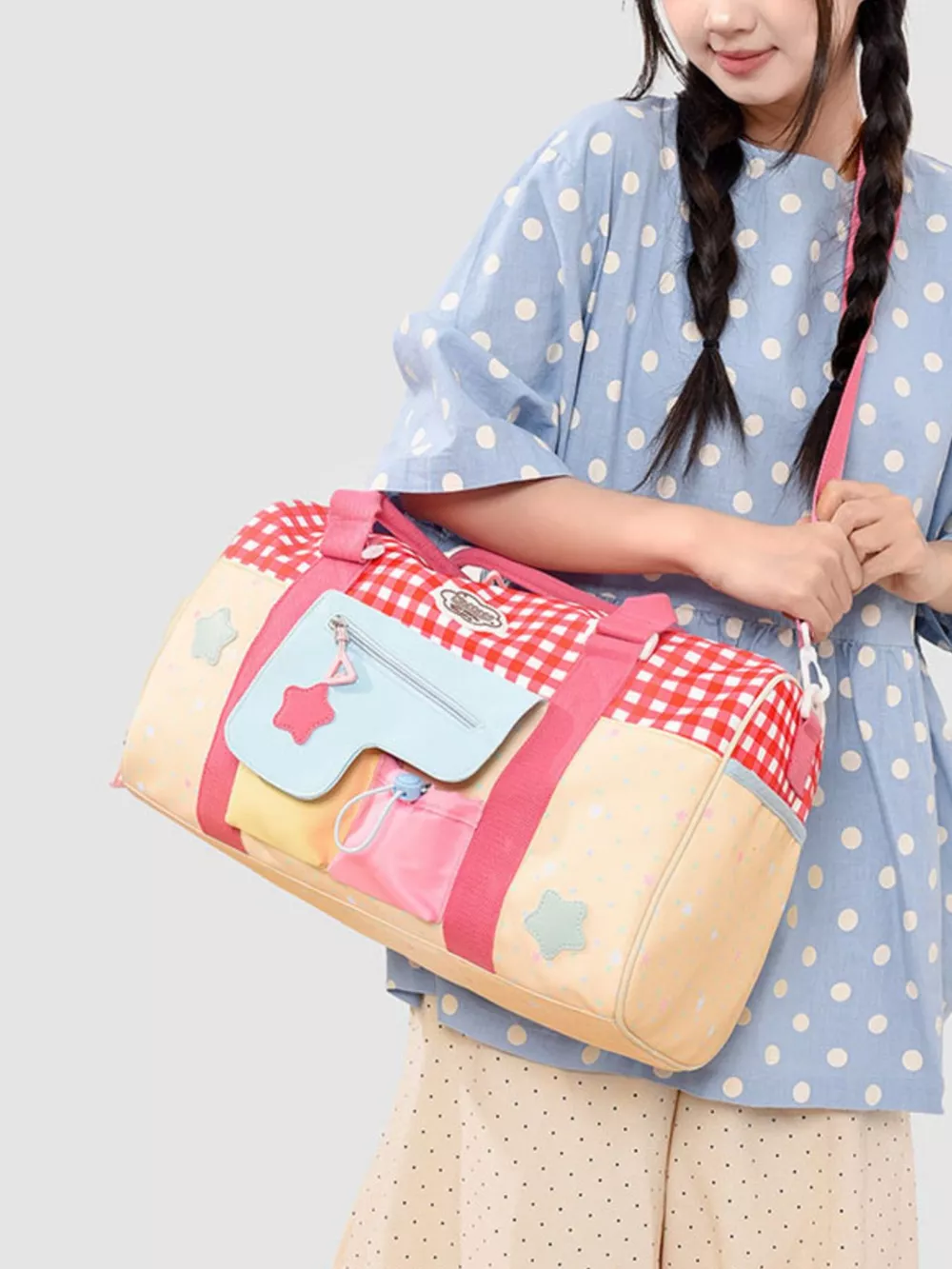 Gingham Duffel Bag with Multi-Pockets, image 3
