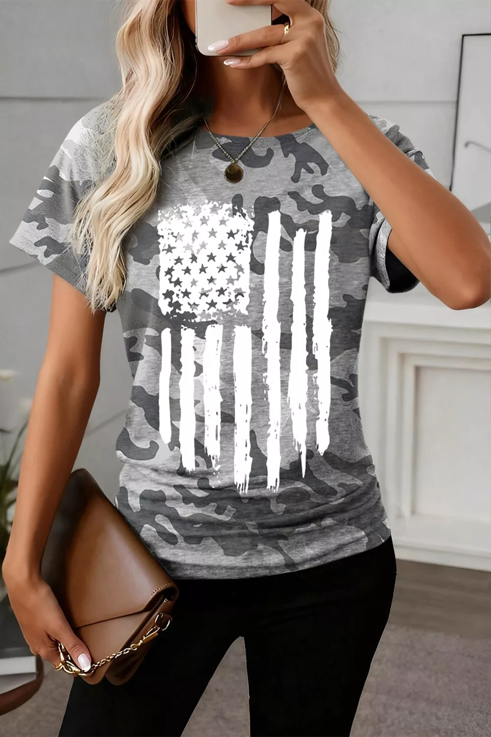 Camouflage Retro American Flag Printed Tee, image 6