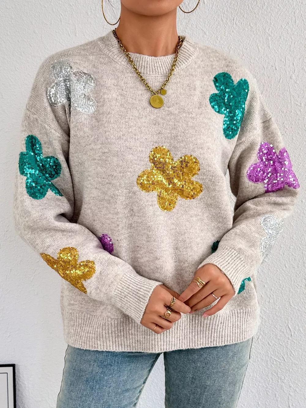 Sequined Floral Round Neck Sweater, image 2