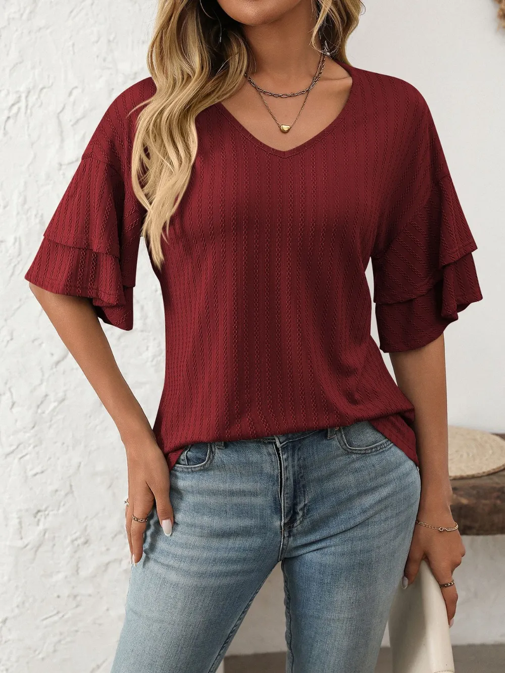 V-Neck Ruffle Half Sleeve Top, image 20