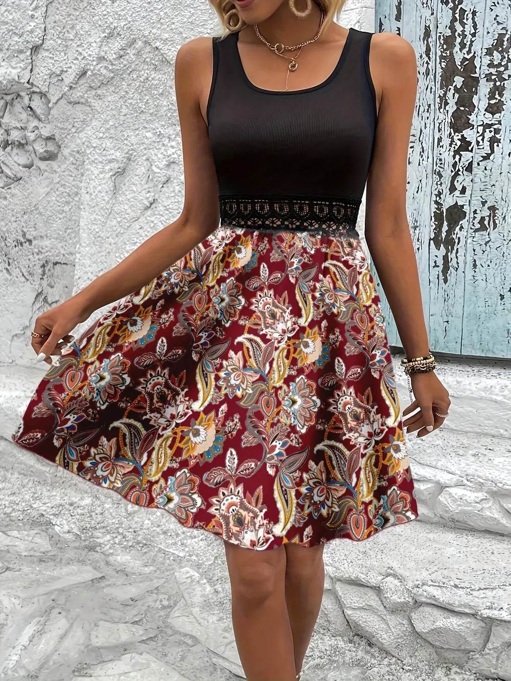 Printed A-Line Tank Dress with Lace Waist Detail, image 2