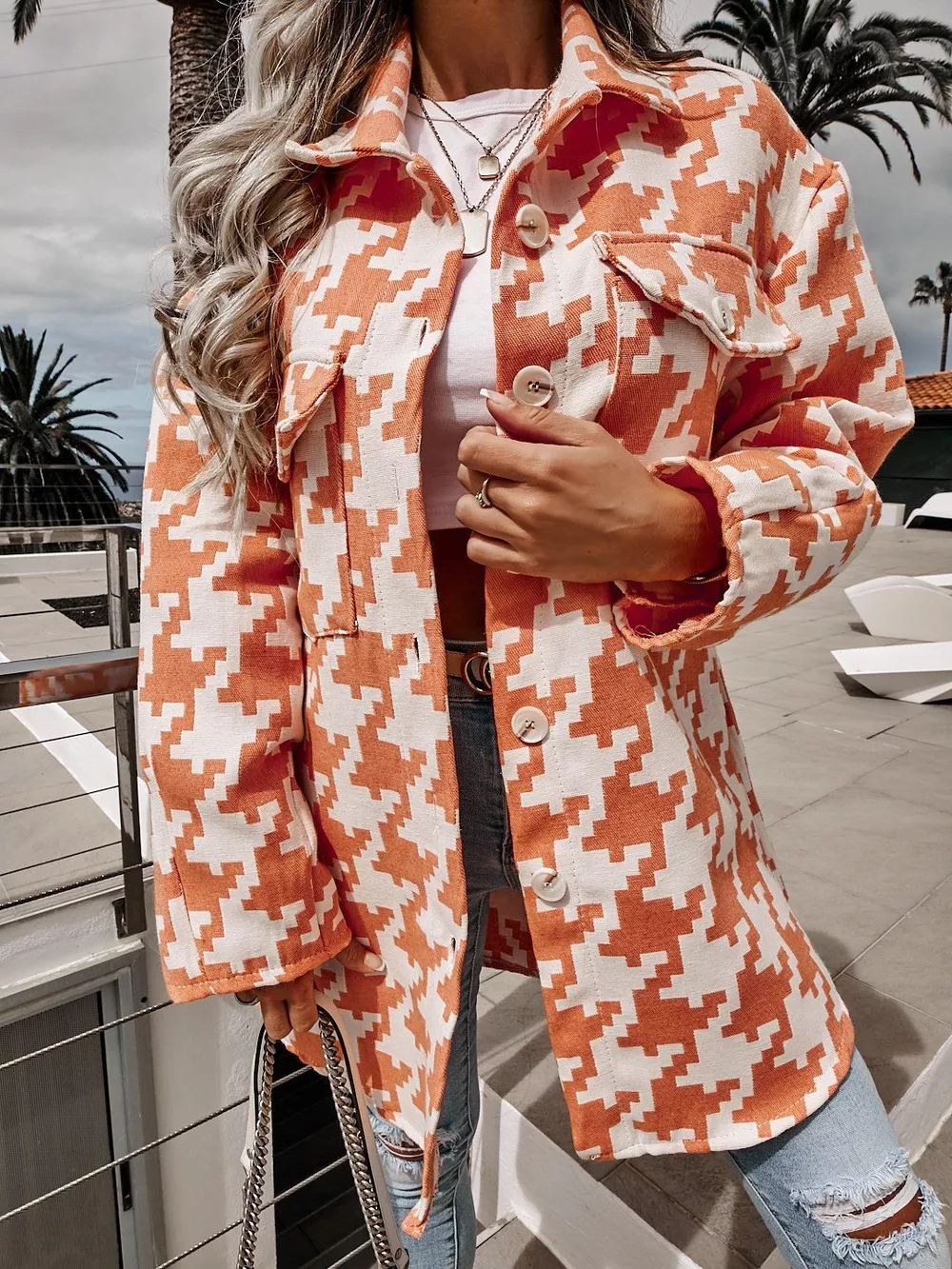 Houndstooth Button Up Long Sleeve Outerwear, image 11