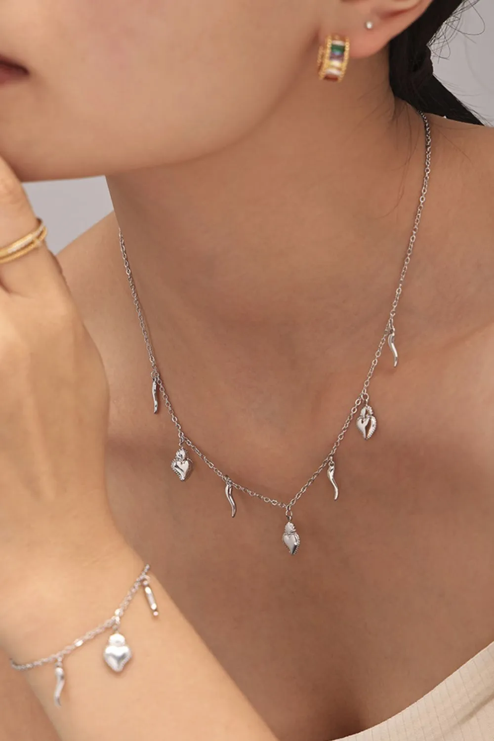 Stainless Steel Heart Charm Bracelet and Necklace Set, image 2