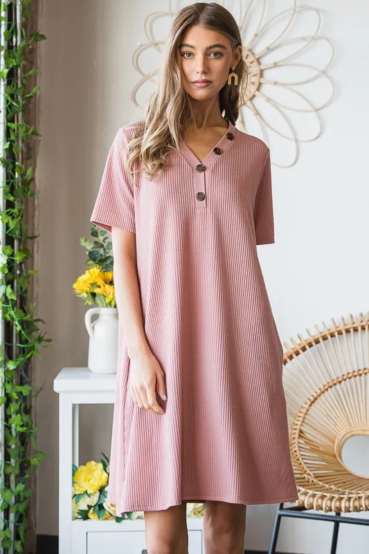 Full Size Solid Ribbed Mini Dress with Button Plus Size, image 3