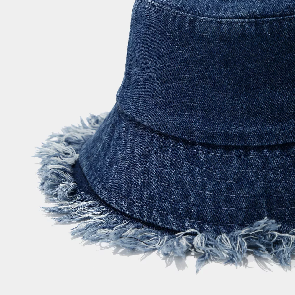 Vintage Washed Denim Bucket Hat with Frayed Raw Edge, image 2