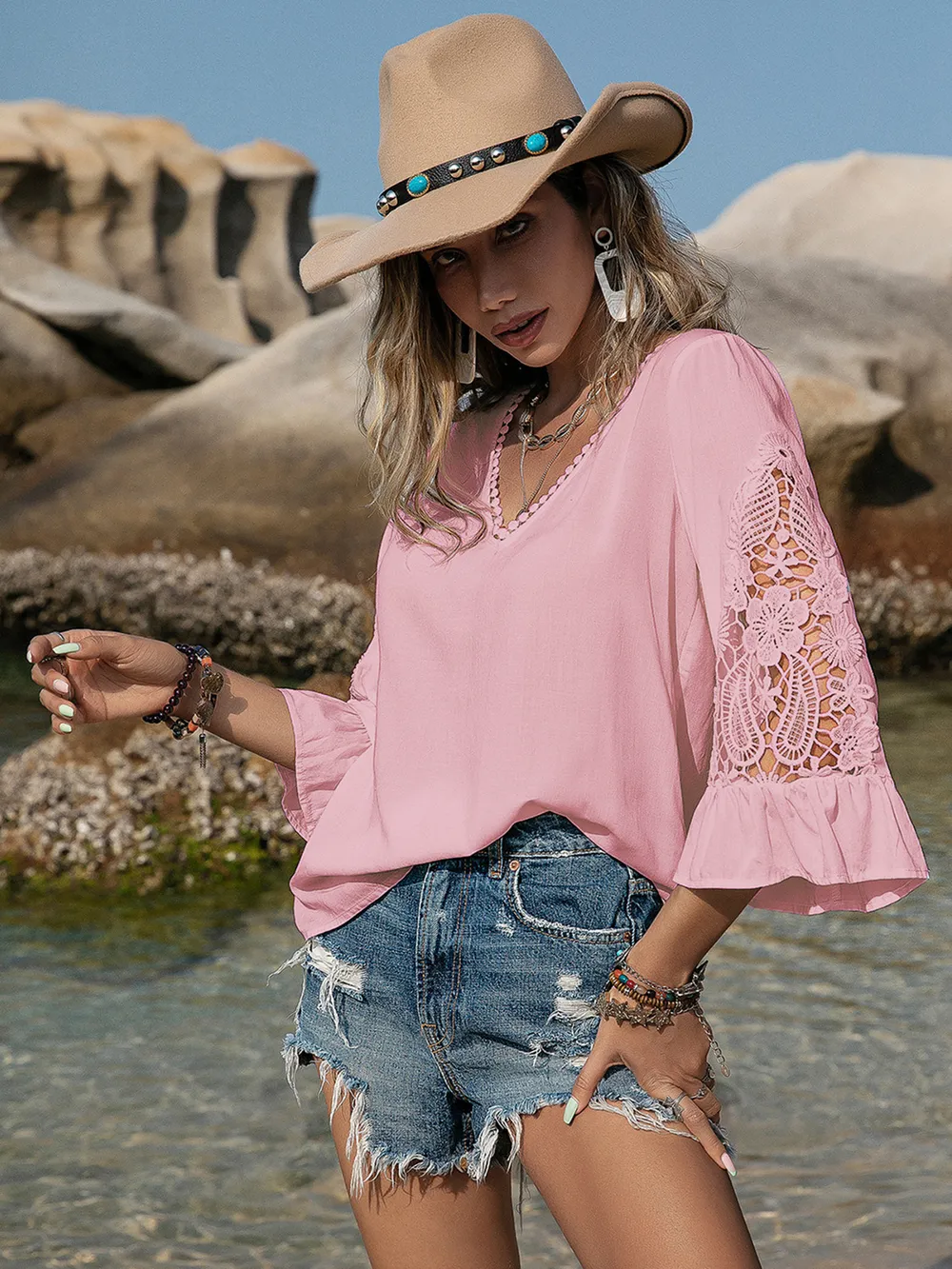 V-Neck Lace Flounce Sleeve Blouse, image 5