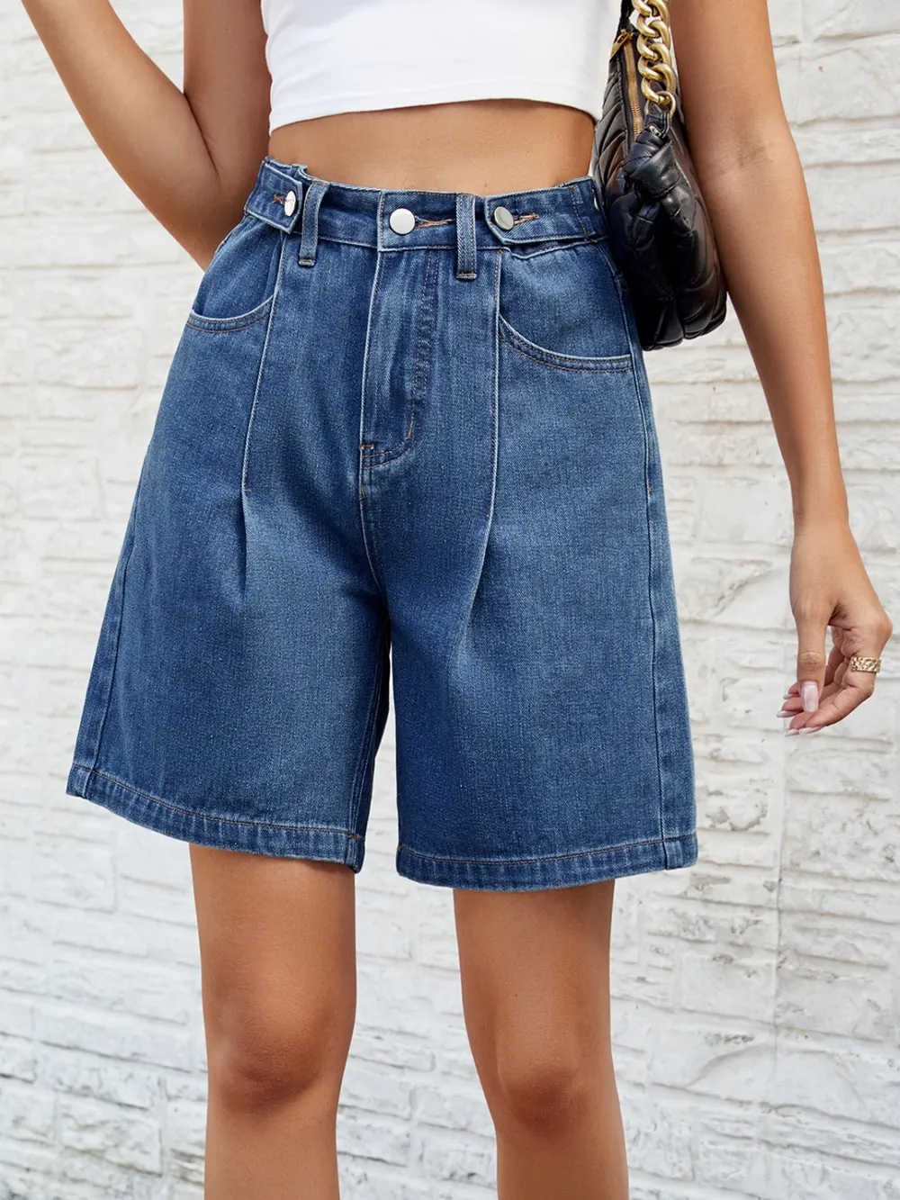 High Waist Denim Shorts with Pockets, image 10
