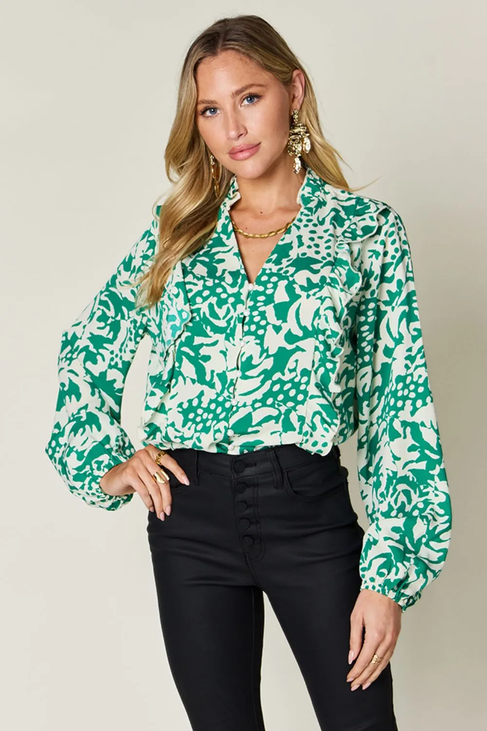 Full Size Printed Ruffle Trim Balloon Sleeve Shirt, image 14