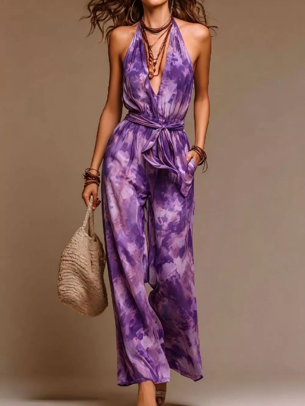 Full Size Boho Tie-Dye Halter Neck Wide-Leg Jumpsuit with Waist Tie Plus Size, image 4