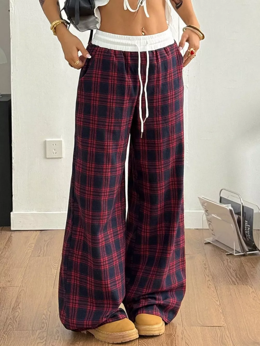 Plaid Wide-Leg Pants with Elastic Waistband, image 6
