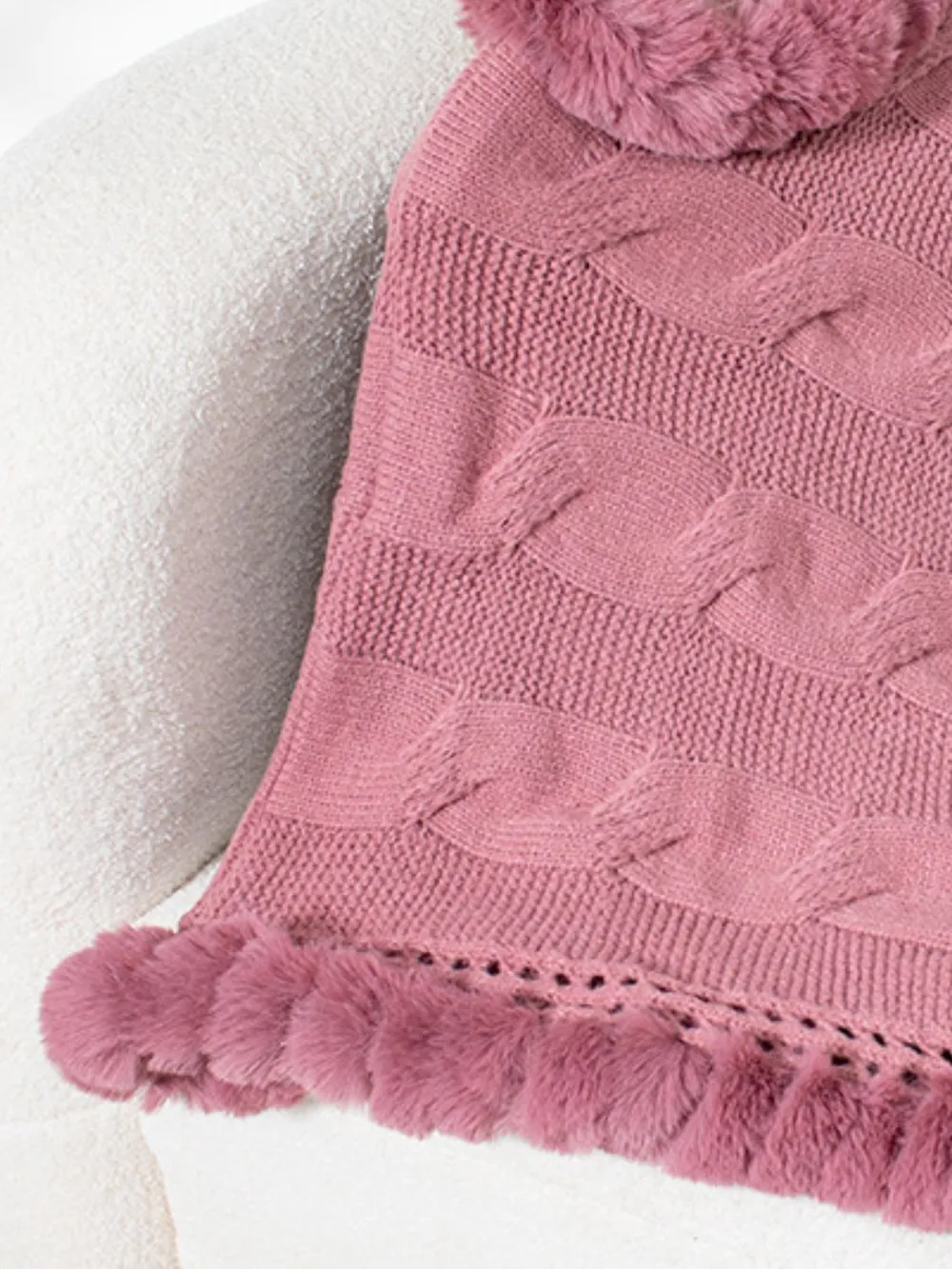 Fuzzy Hem Cable-Knit Poncho, image 11