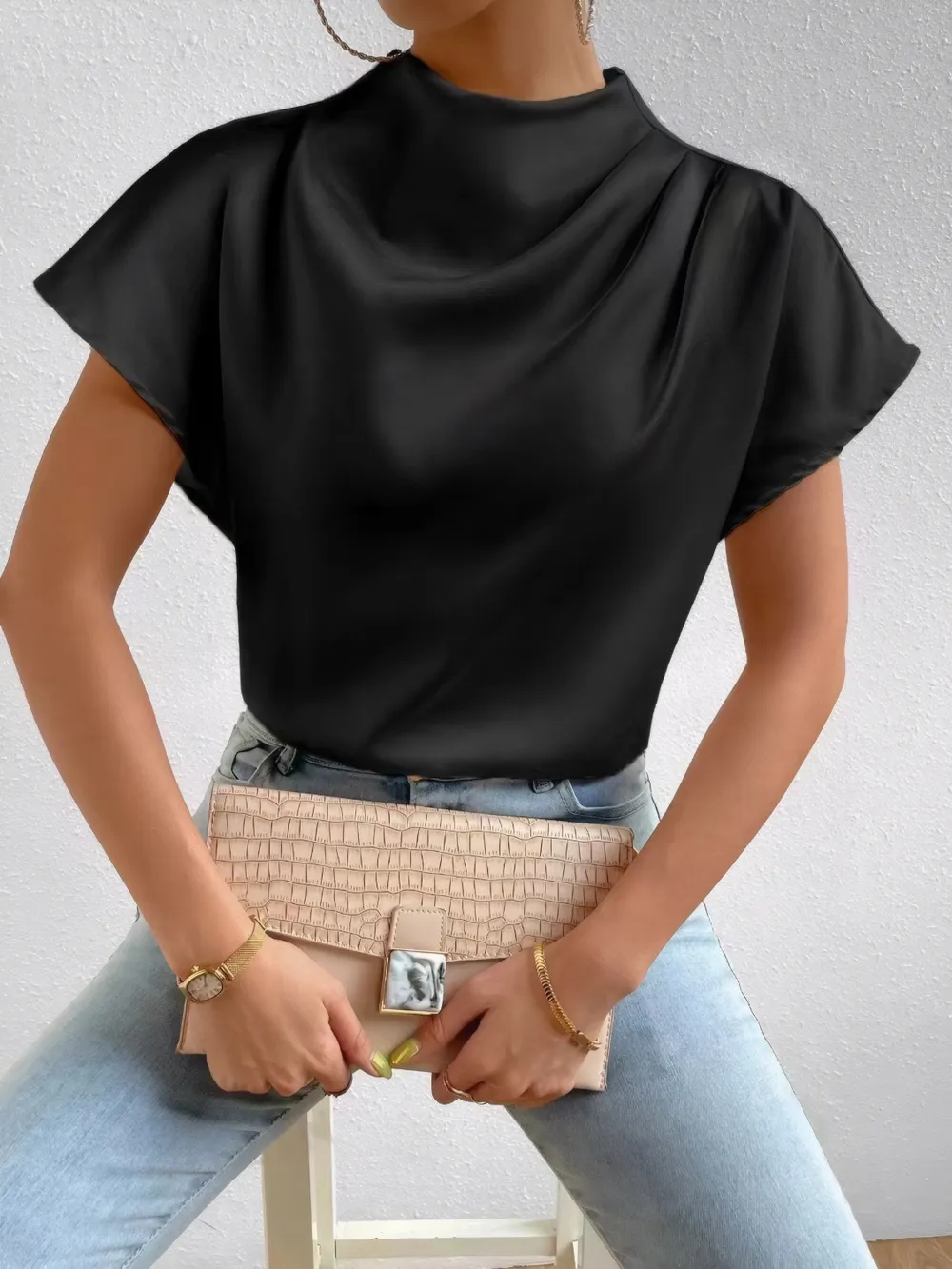 Mock Neck Short Sleeve Blouse, image 6