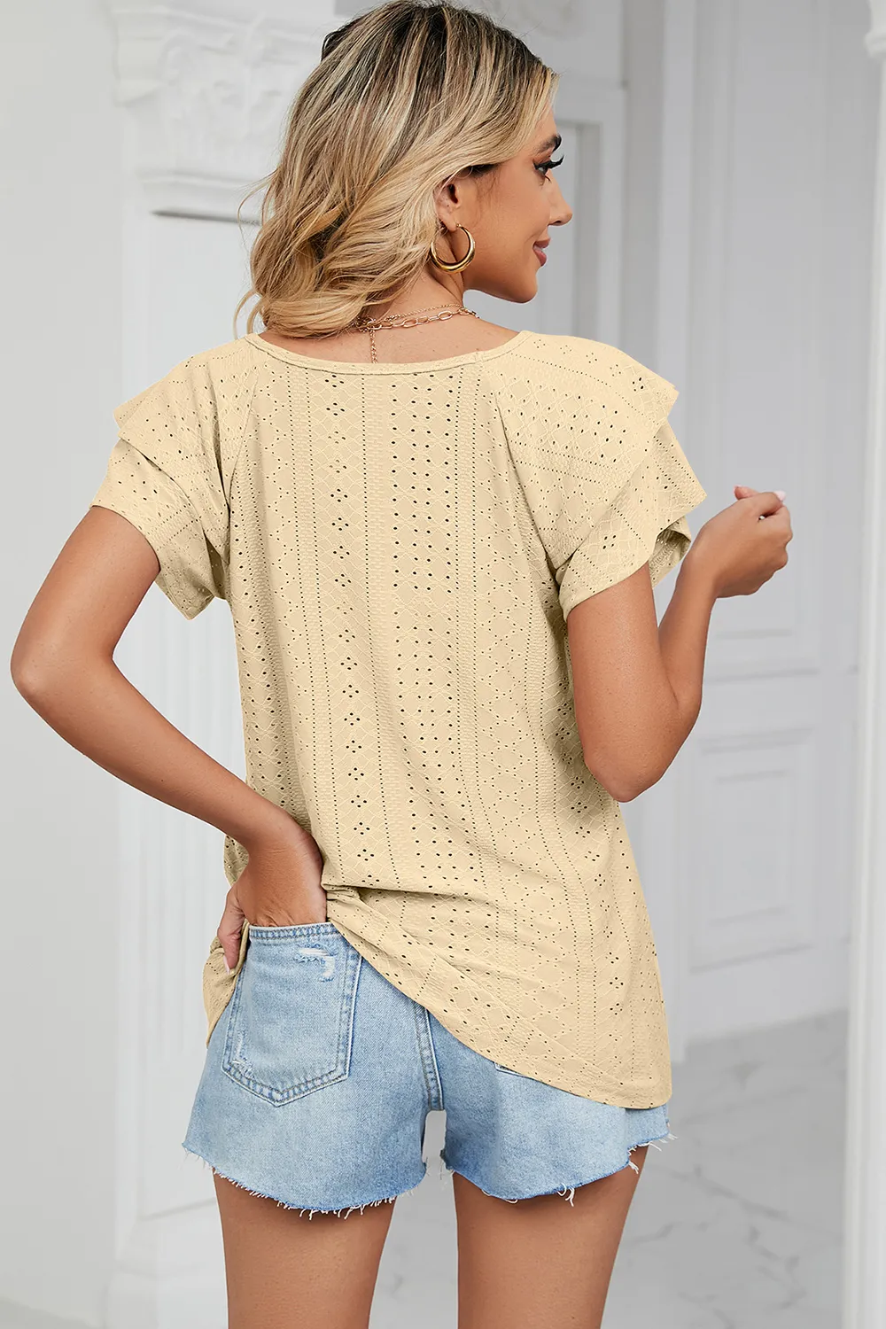 Eyelet V-Neck Short Sleeve T-Shirt, image 15