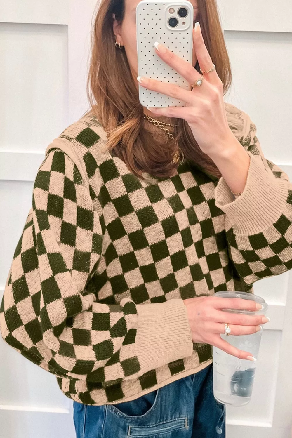 Multicolour Drop Shoulder Plaid Knit Long Sleeve Sweater, image 3