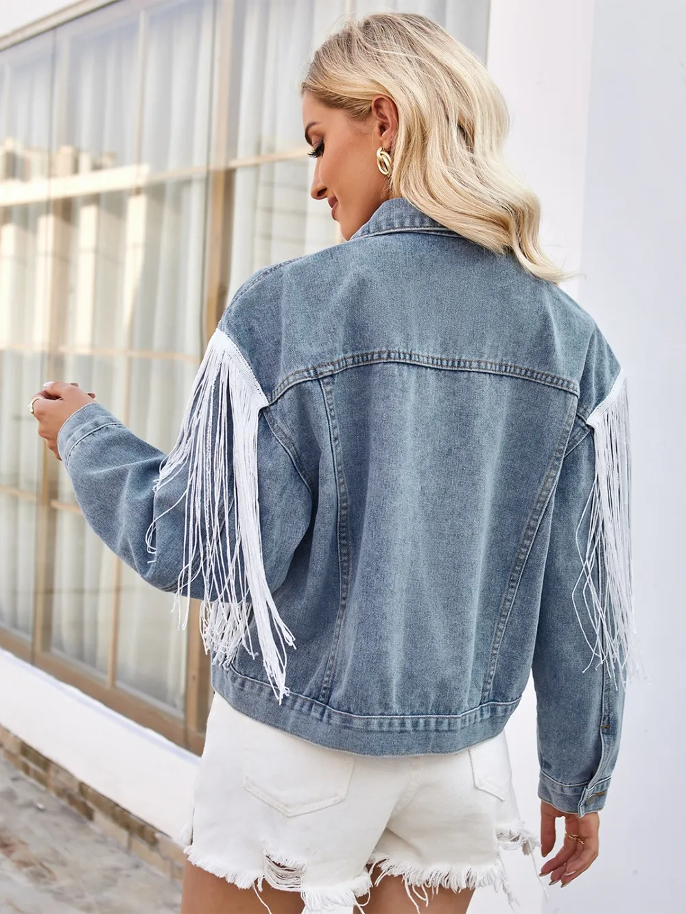 Tassel Button Up Dropped Shoulder Denim Jacket, image 8