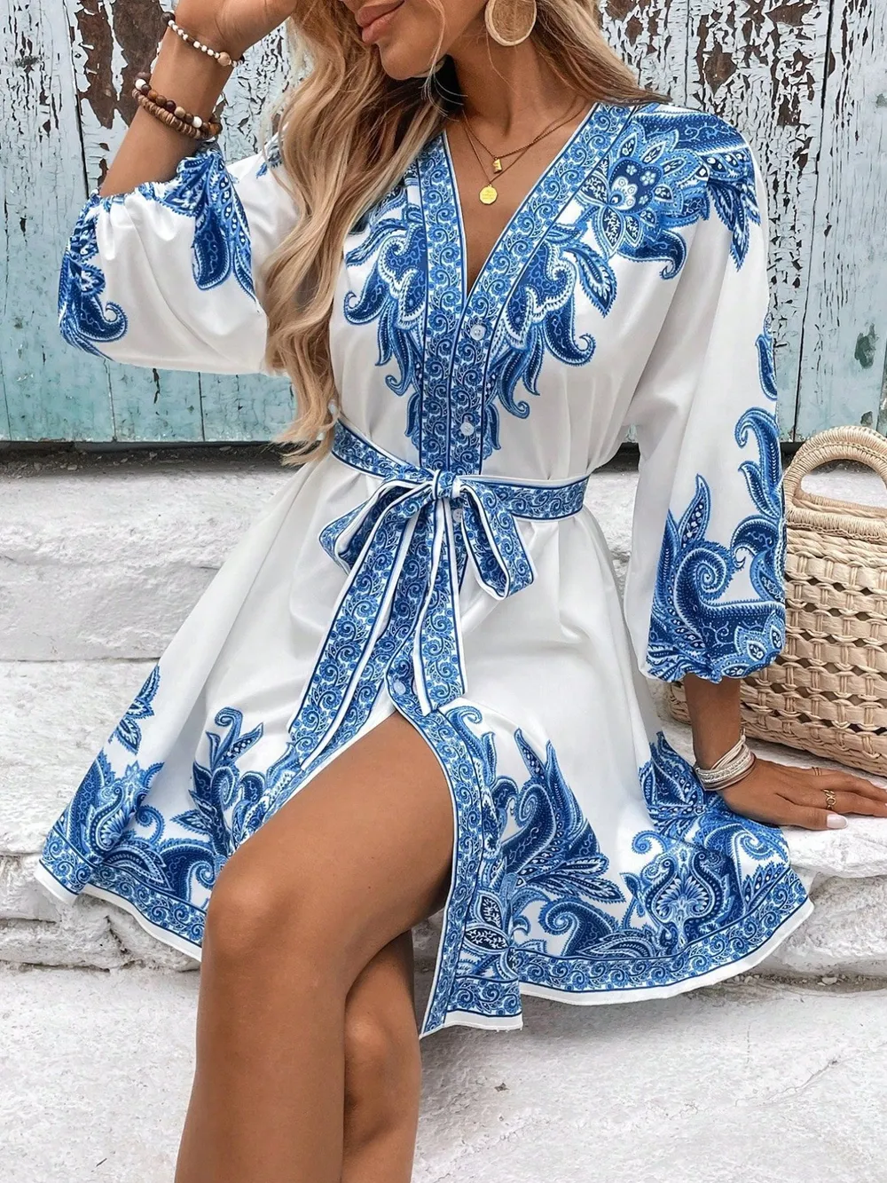 Printed V-Neck Balloon Sleeve Mini Dress, image 18