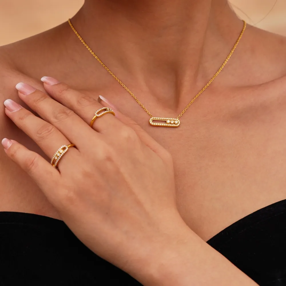 Moving Crystal Bar Necklace and Ring Jewelry Set, image 12