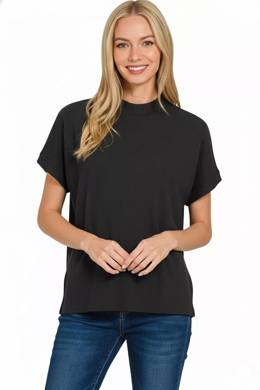 Viscose Mock Neck Short Sleeve Boxy Sweater, image 3