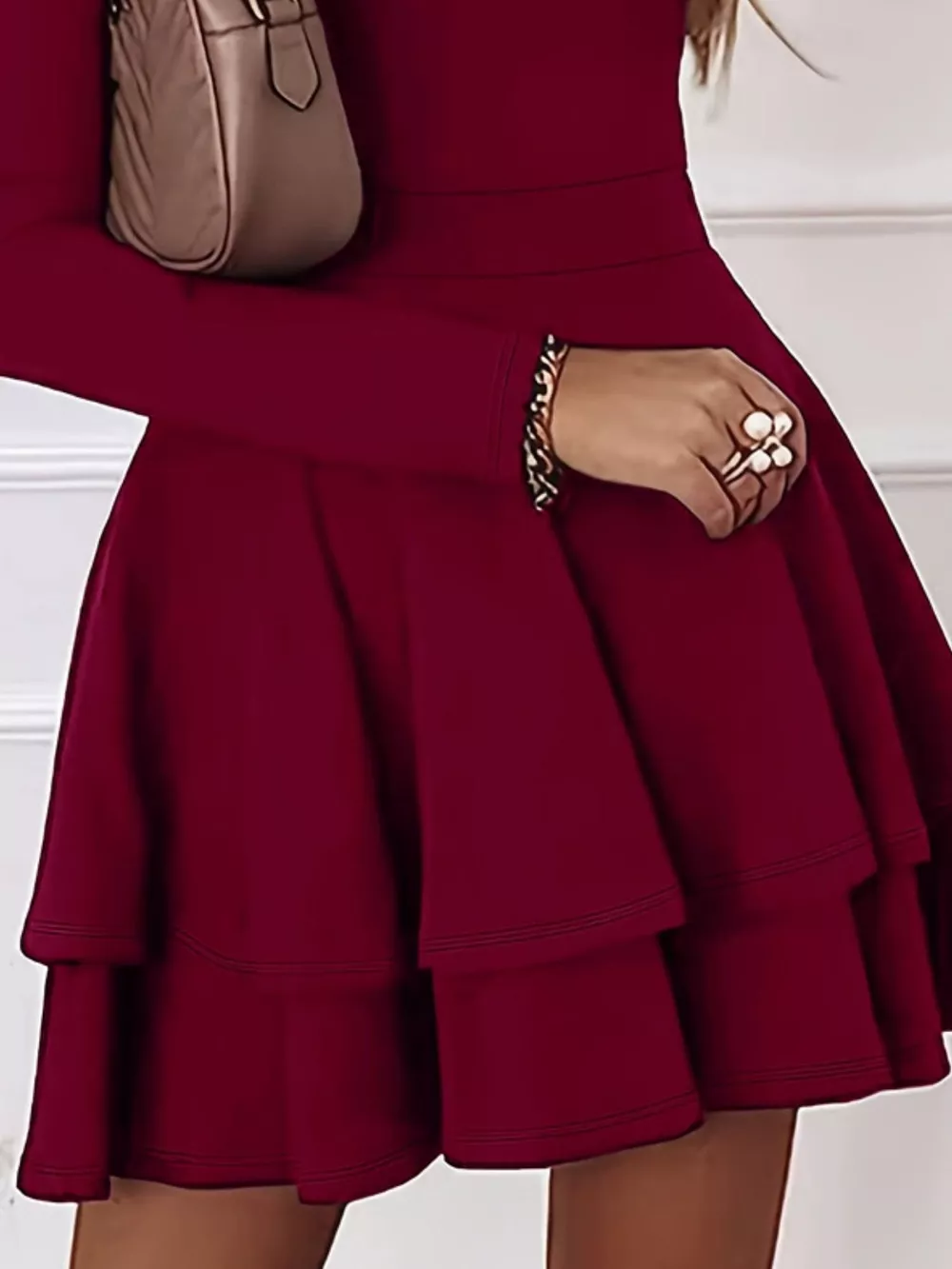 V-Neck Long Sleeve Layered Ruffle Mini Dress, image 6