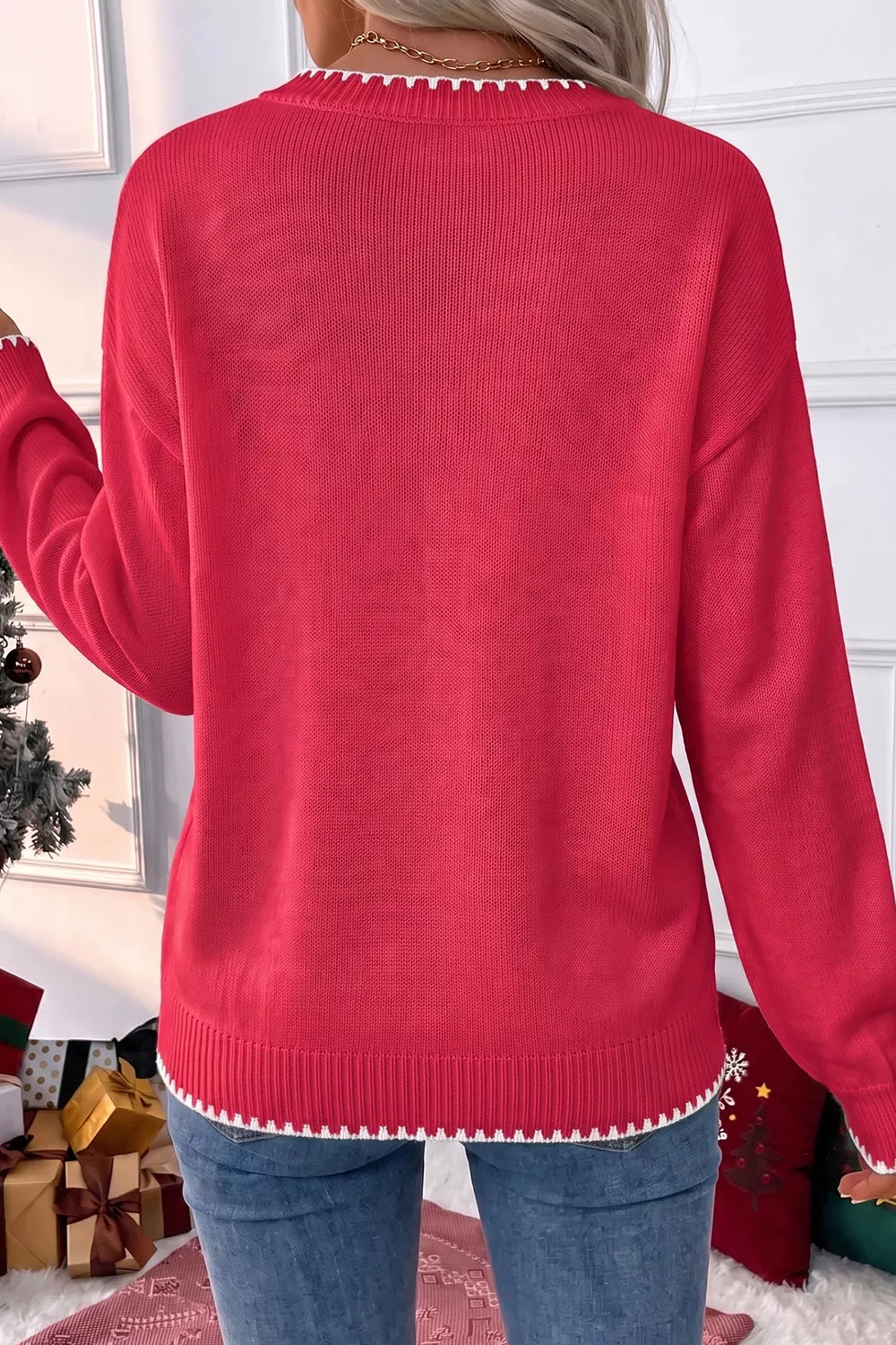 Stitched Detail Christmas Tree Holiday Casual Sweater, image 2
