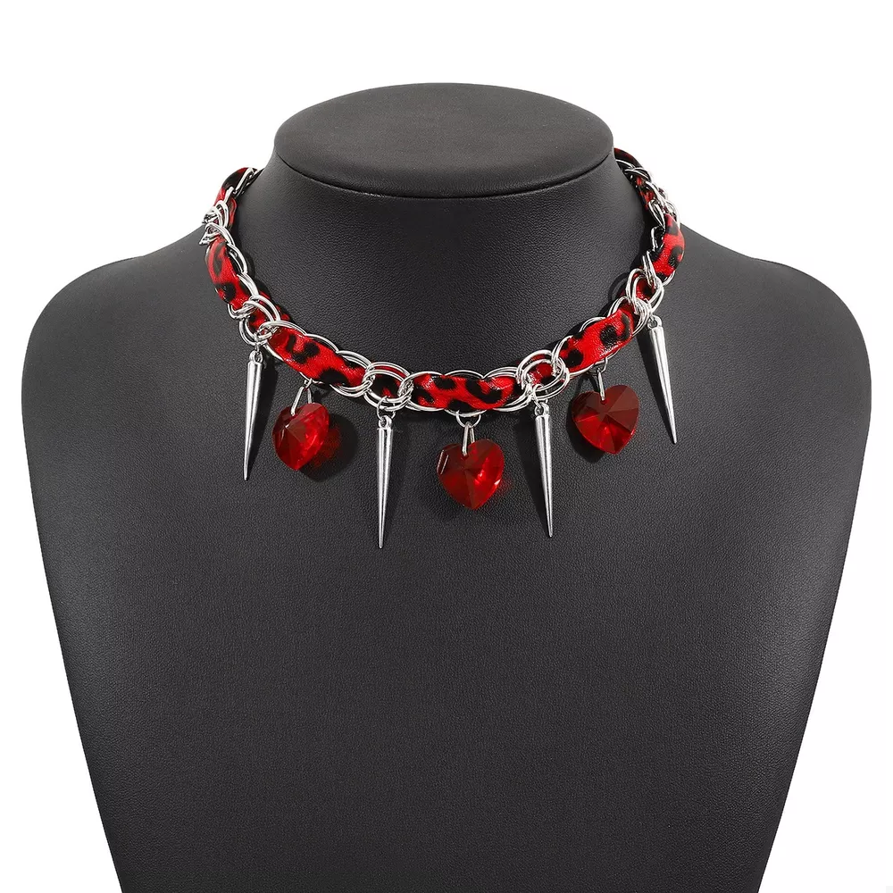 Heart Charm Choker Necklace with Metal Spikes, image 9