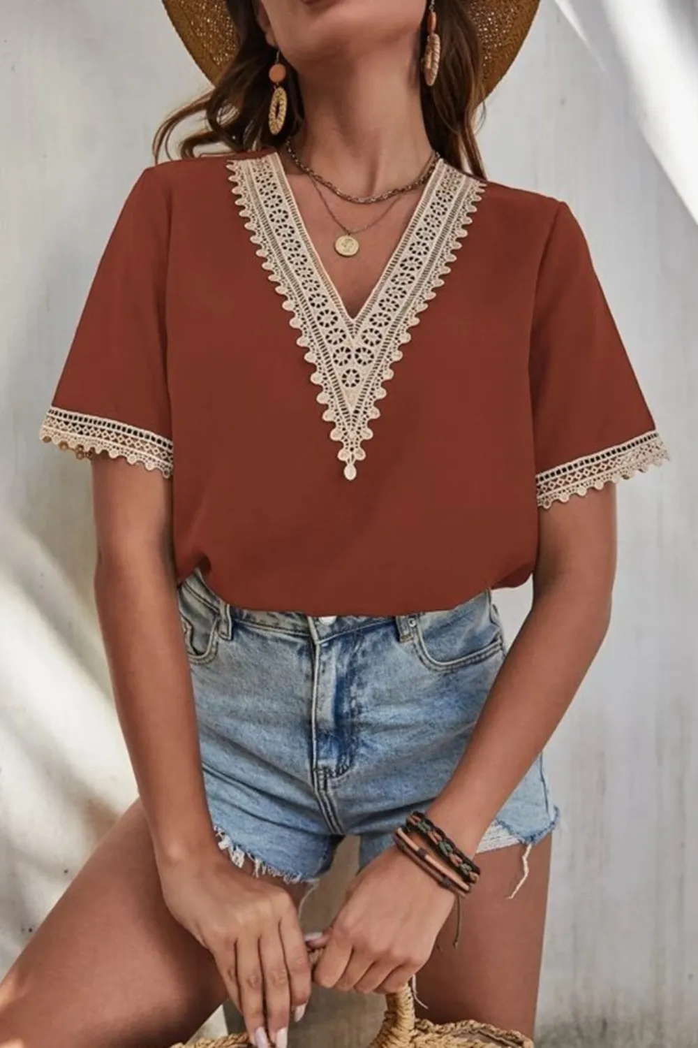 Full Size Lace Detail V-Neck Short Sleeve Blouse Plus Size, image 19