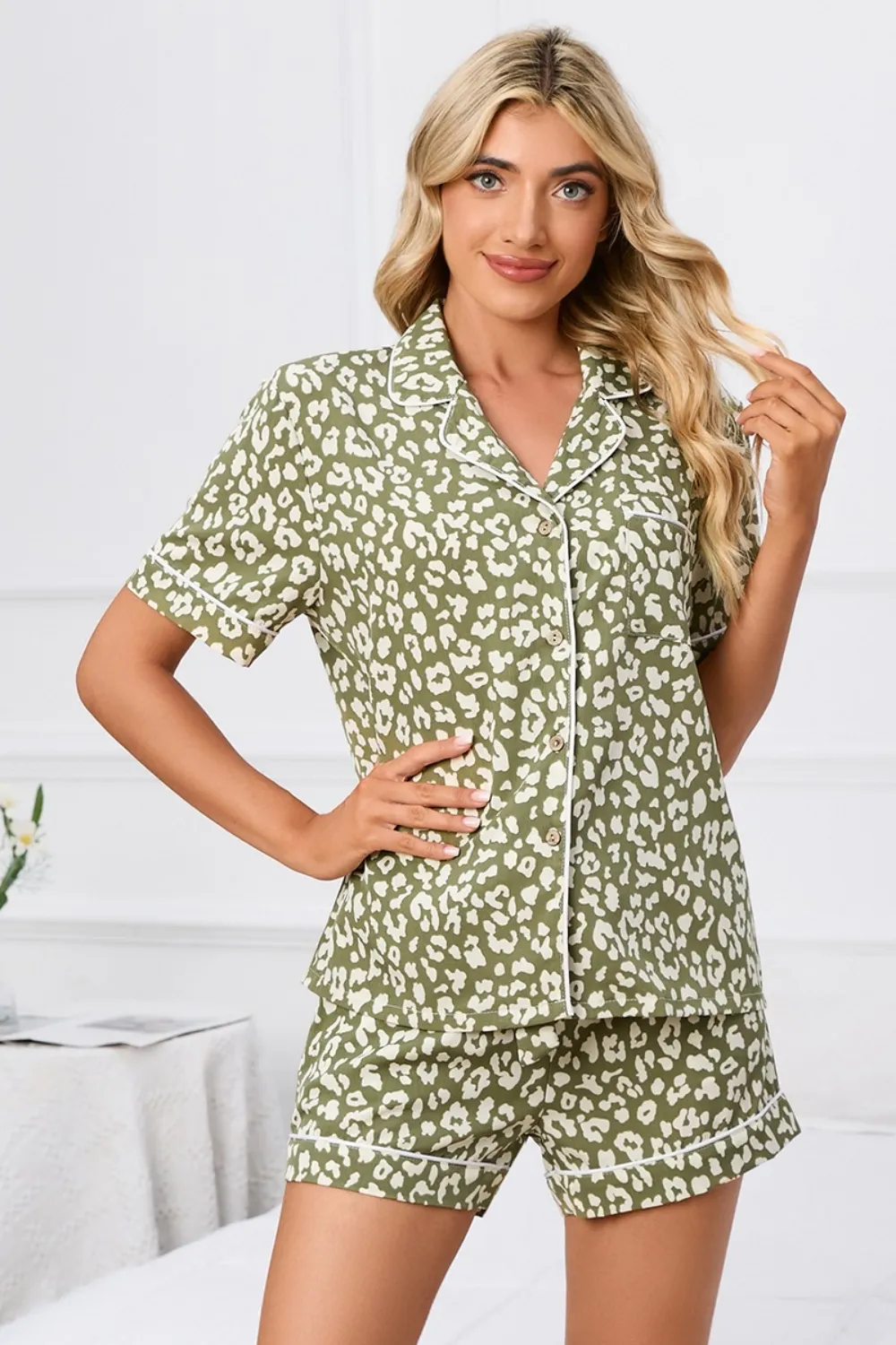Full Size Leopard Short Sleeve Top and Shorts Lounge Set Plus Size, image 6