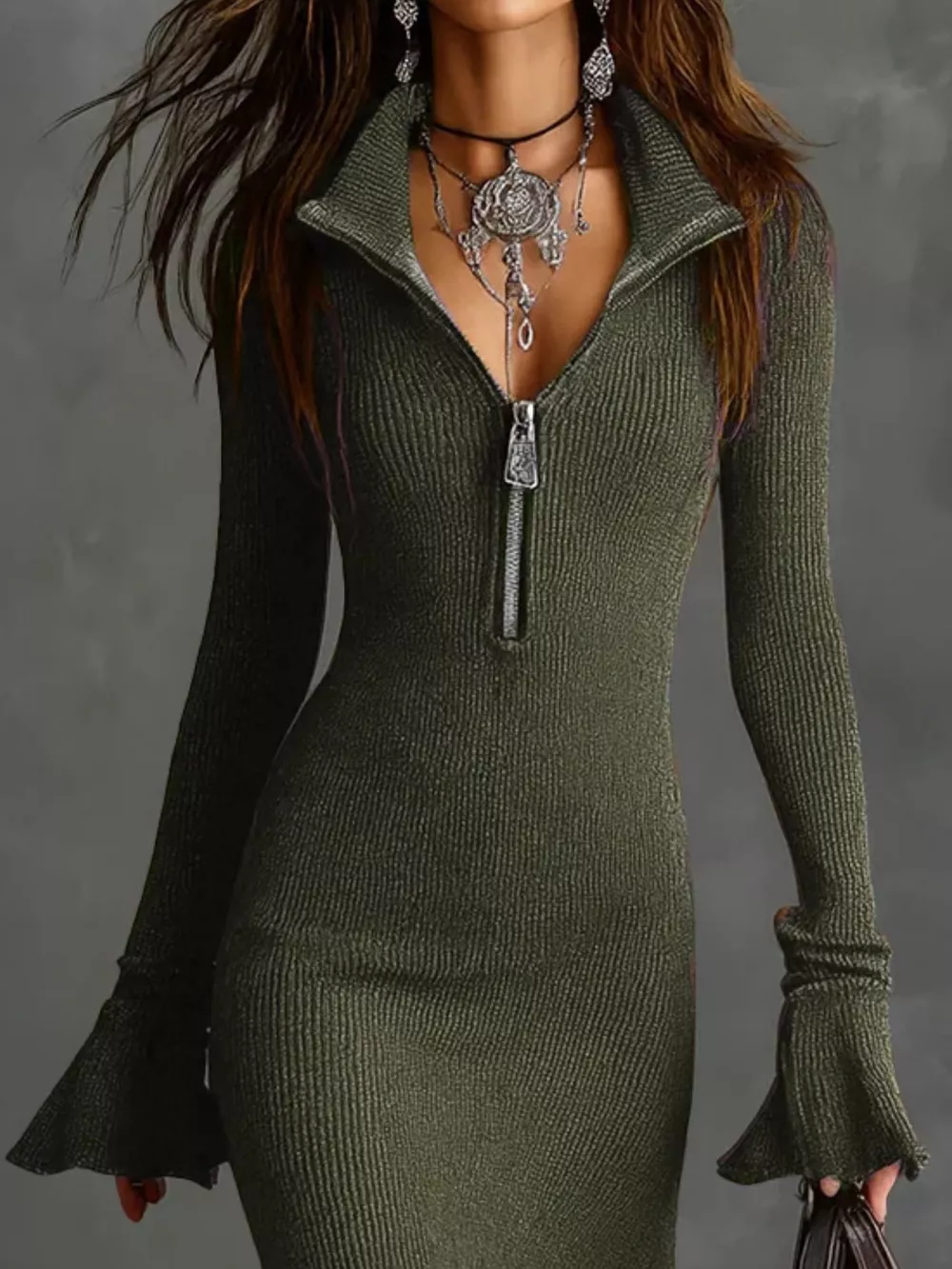 Ribbed Knit Zip Front Flare Hem Midi Dress, image 12
