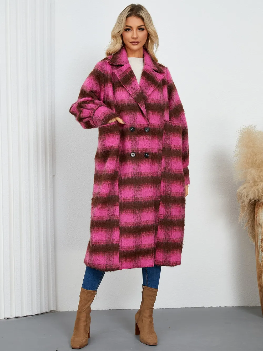 Contrast Double-Breasted Long Sleeve Longline Coat, image 11