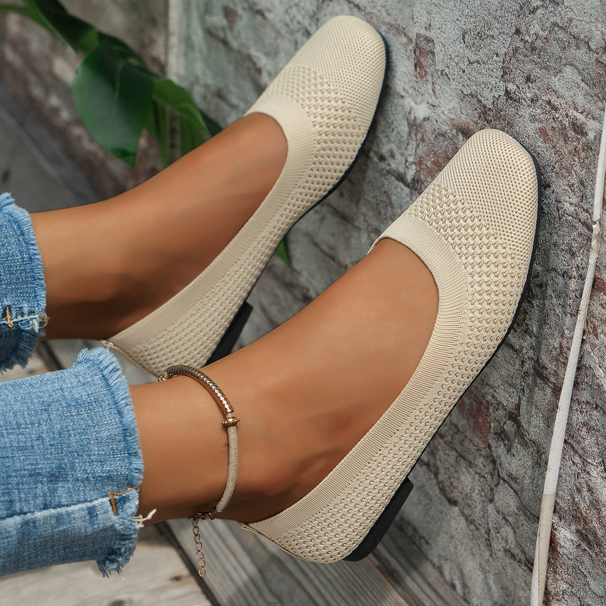 Square Toe Solid Color Mesh Slip-Ons