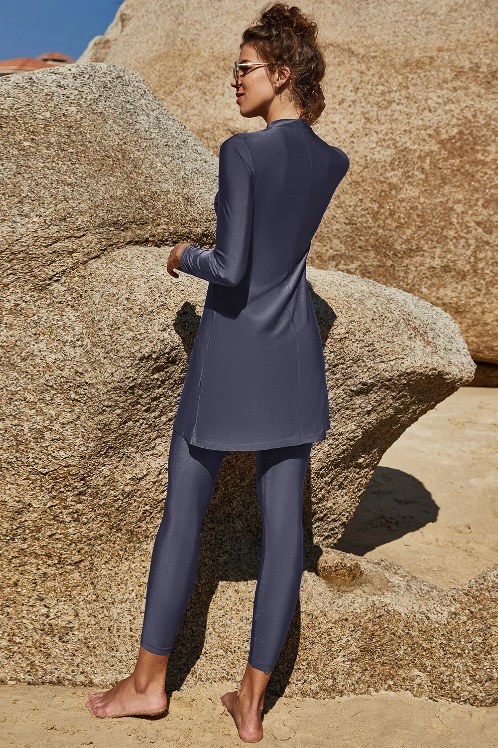 Slit Mock Neck Long Sleeve Top and Pants Swim Set, image 7