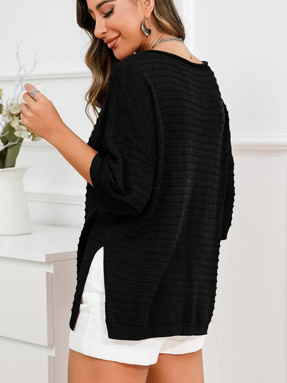 Rolled Round Neck Dropped Shoulder Slit Sweater, image 8