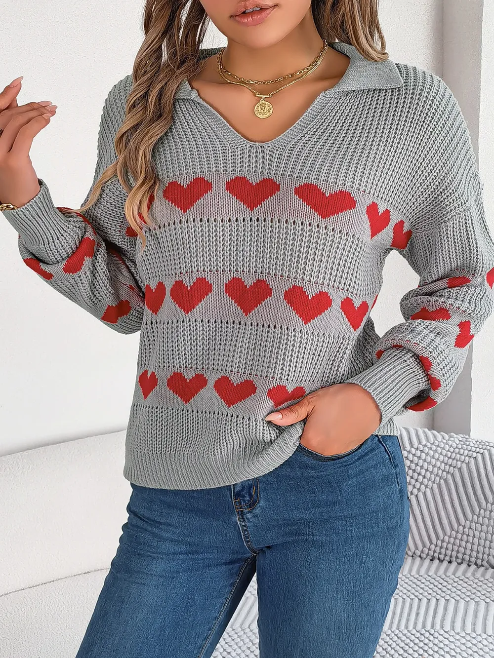Heart Johnny Collar Long Sleeve Sweater, image 11