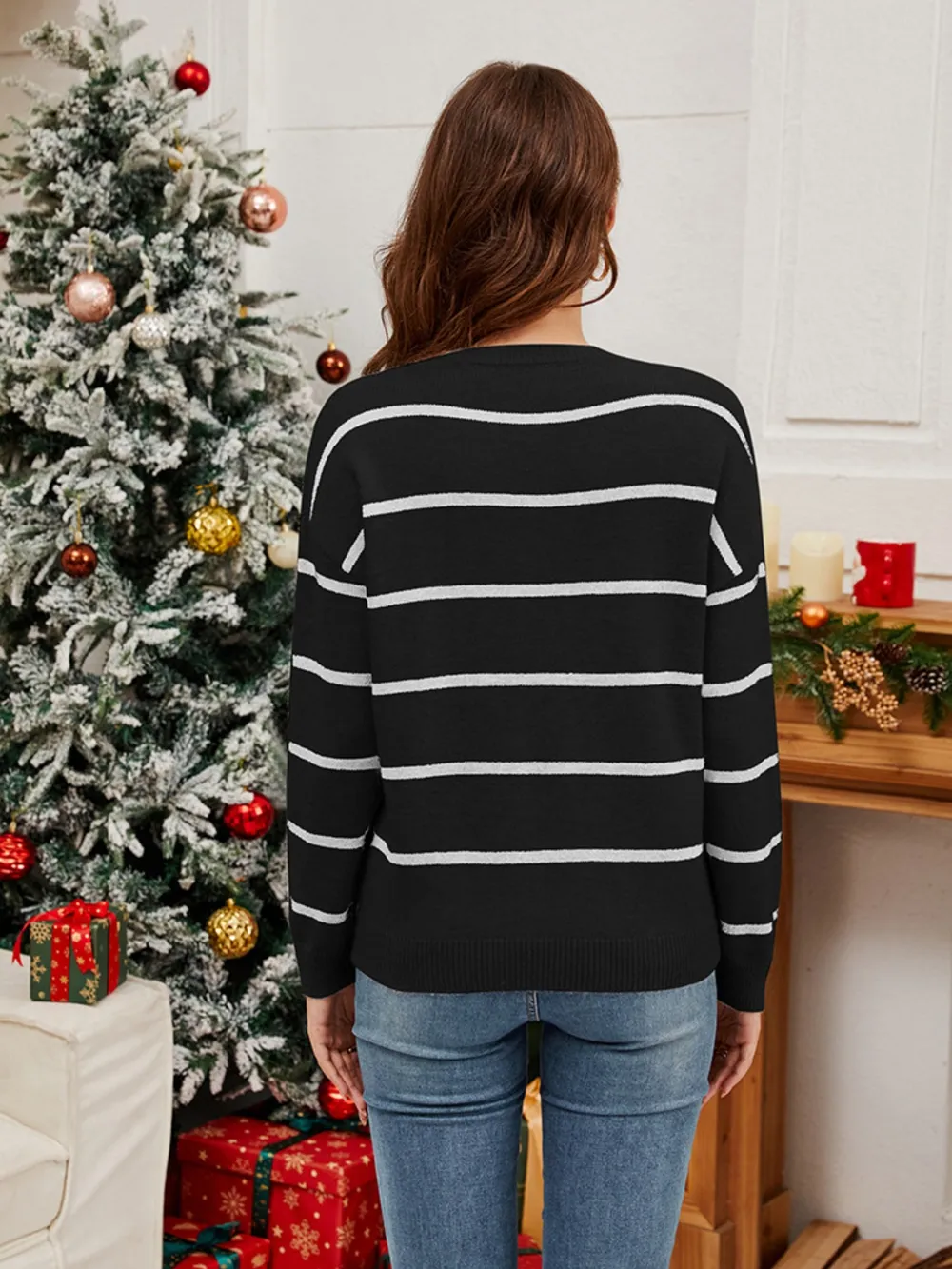 Sequin Santa Striped Round Neck Long Sleeve Sweater, image 5