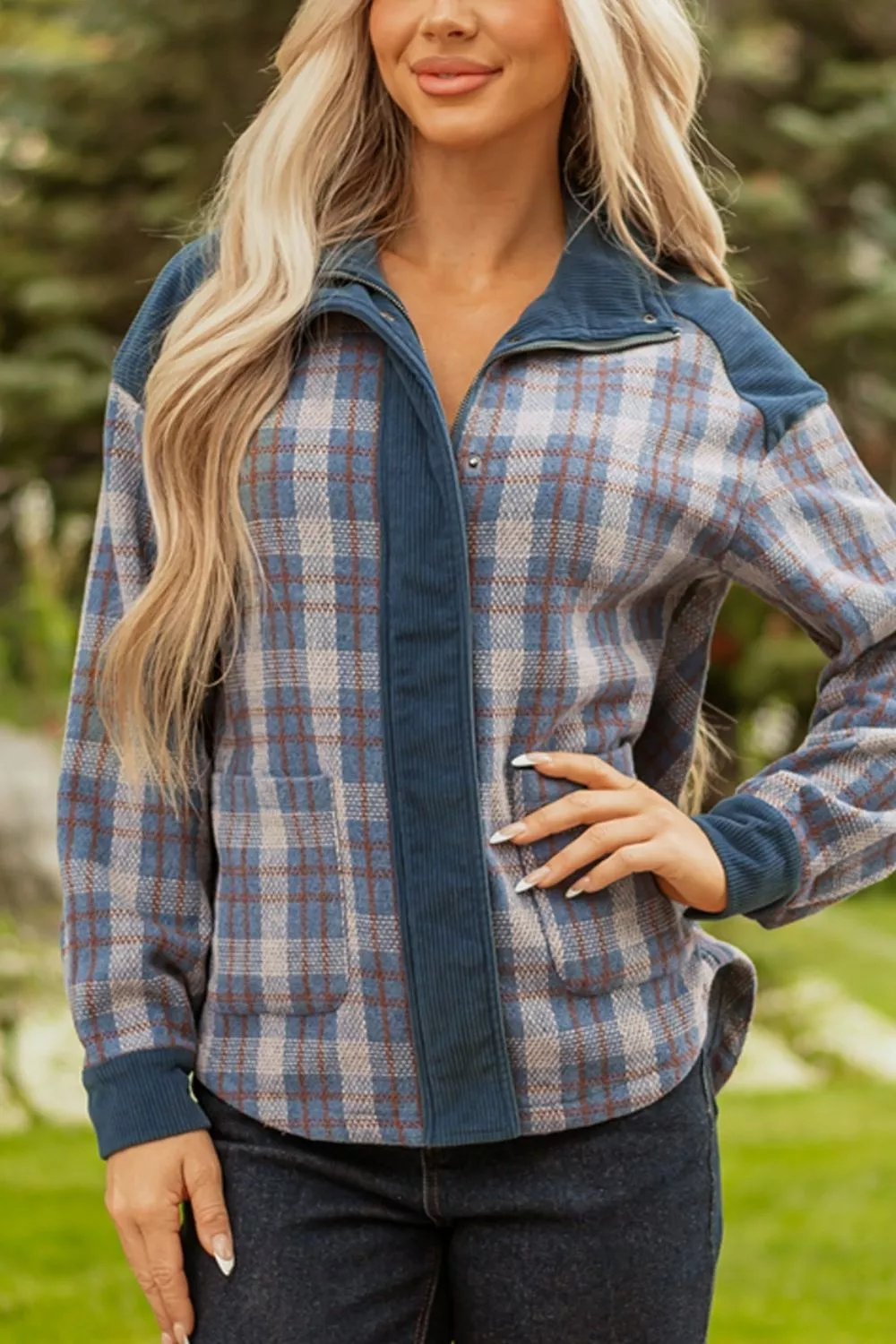 Plaid Corduroy Patchwork Collared Zip Up Snap Button Jacket, image 7