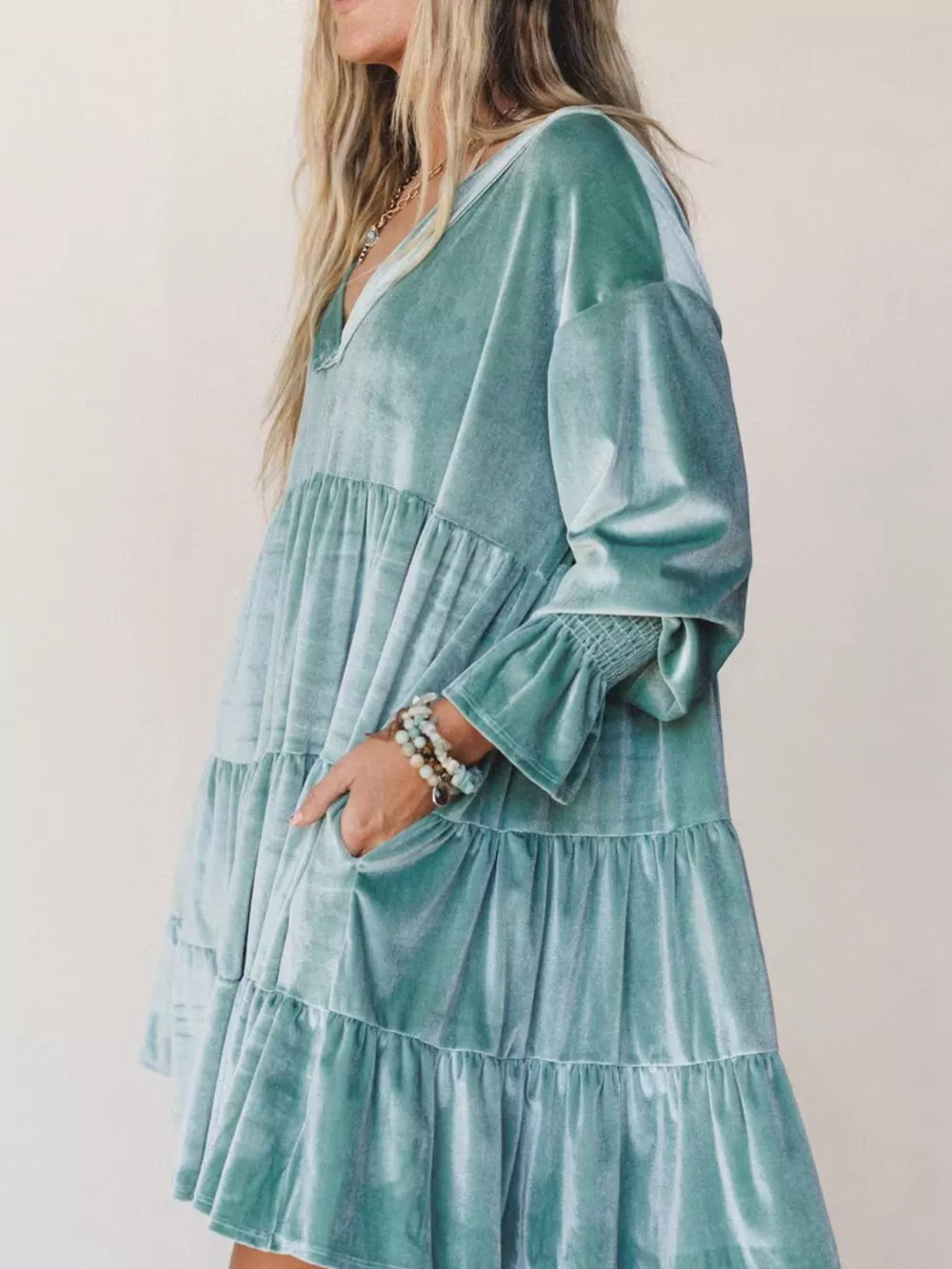 Velvet Tiered Mini Dress with Balloon Sleeves, image 8