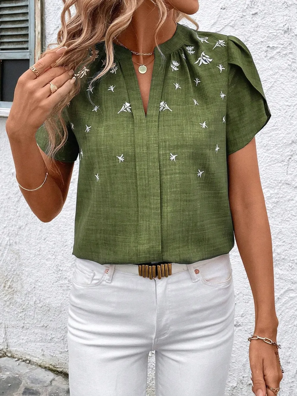 Floral Notched Short Sleeve Blouse, image 24