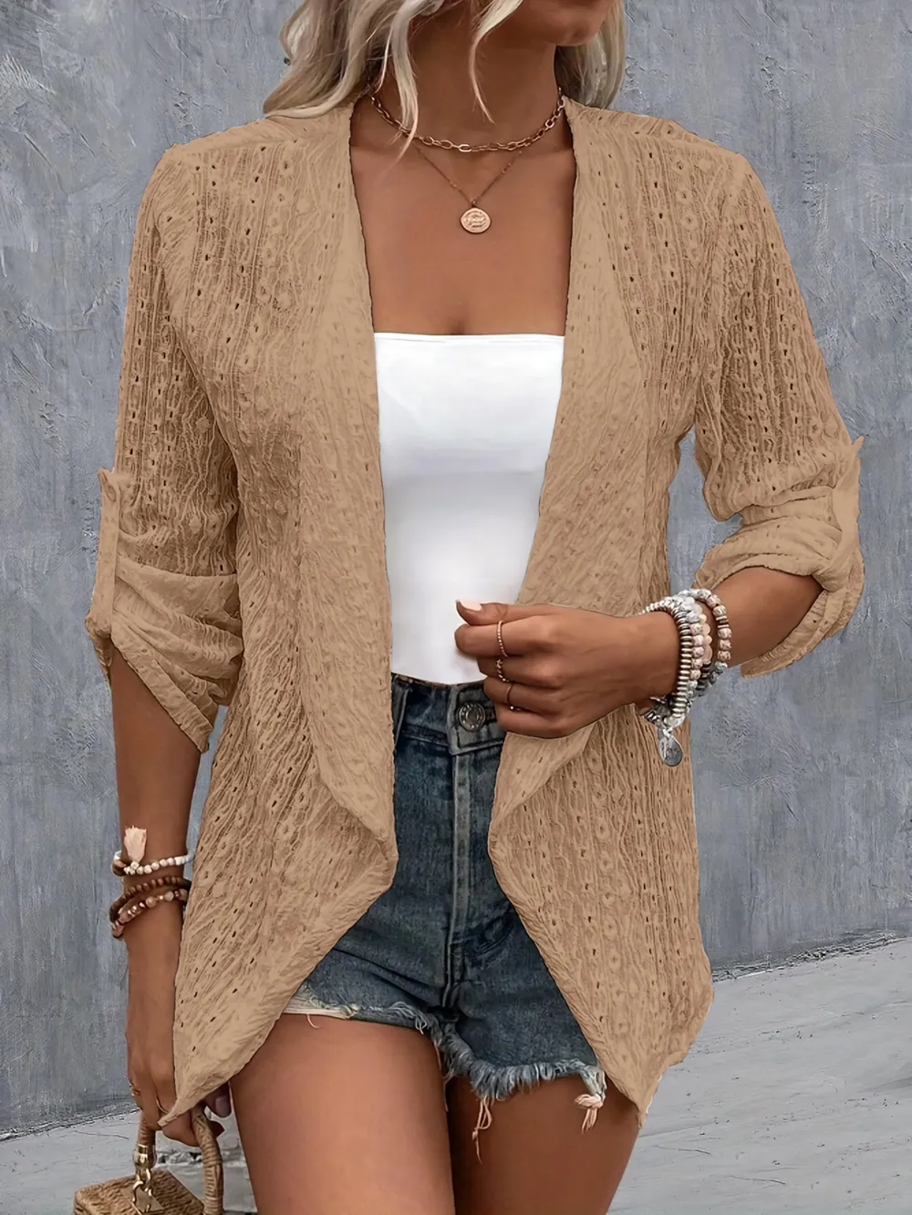 Eyelet Roll-Tab Sleeve Cardigan, image 21
