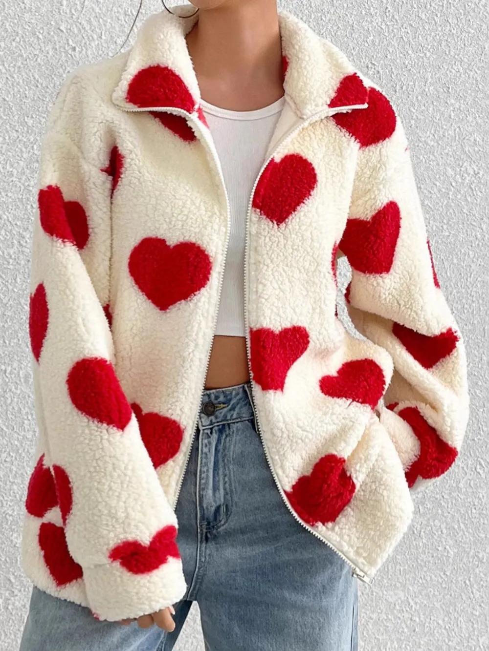 Heart Zip Up Drop Shoulder Furry Jacket, image 9