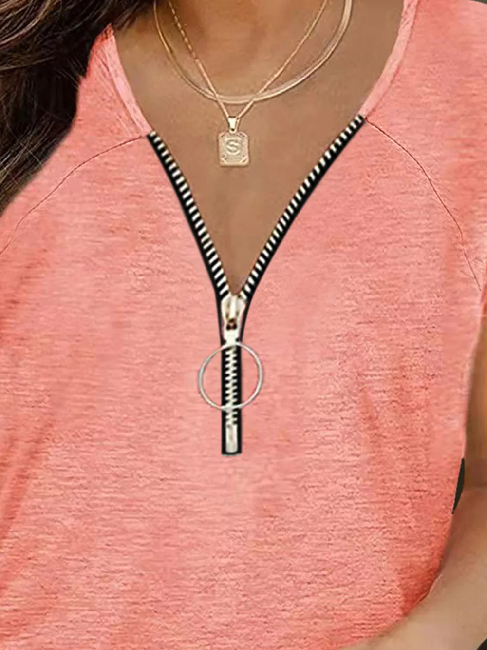 Full Size Half Zip Cap Sleeve T-Shirt, image 11