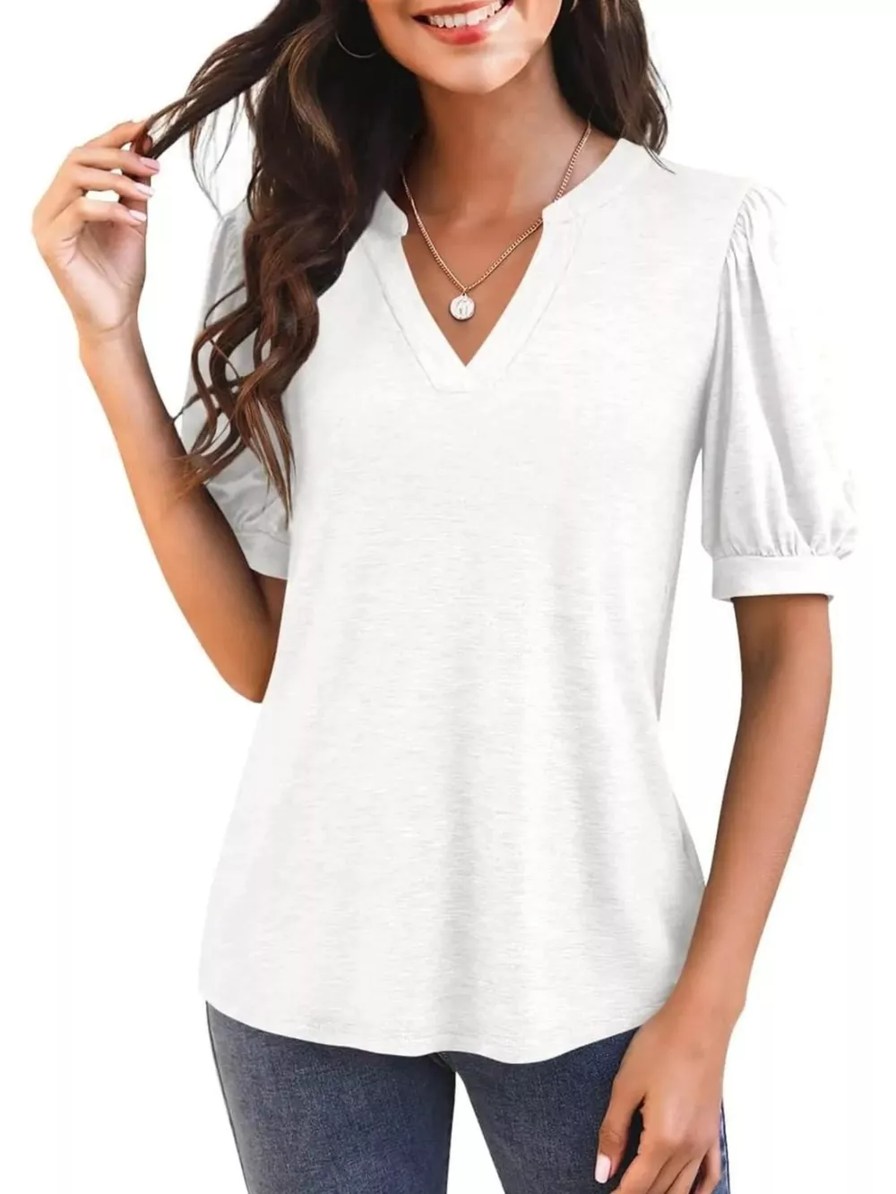 Puff Sleeve Notched Casual T-Shirt, image 22