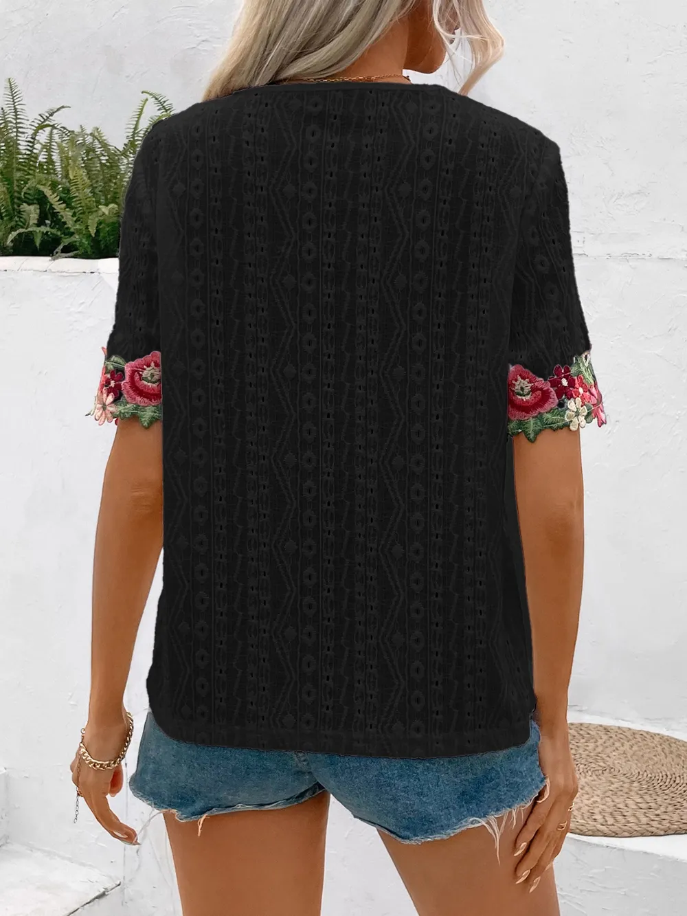 Eyelet Embroidered V-Neck Short Sleeve Blouse, image 12
