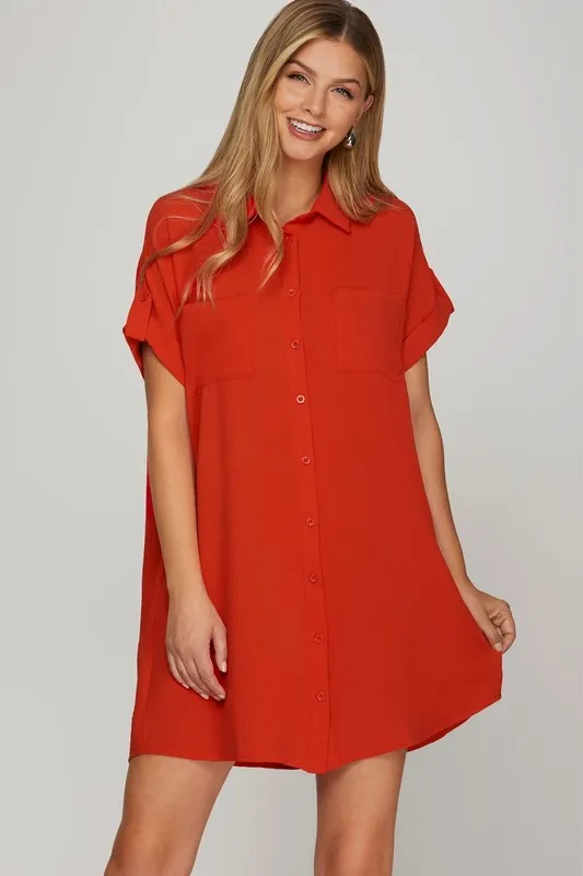 Full Size Button Down Short Sleeve Woven Shirt Dress Plus Size