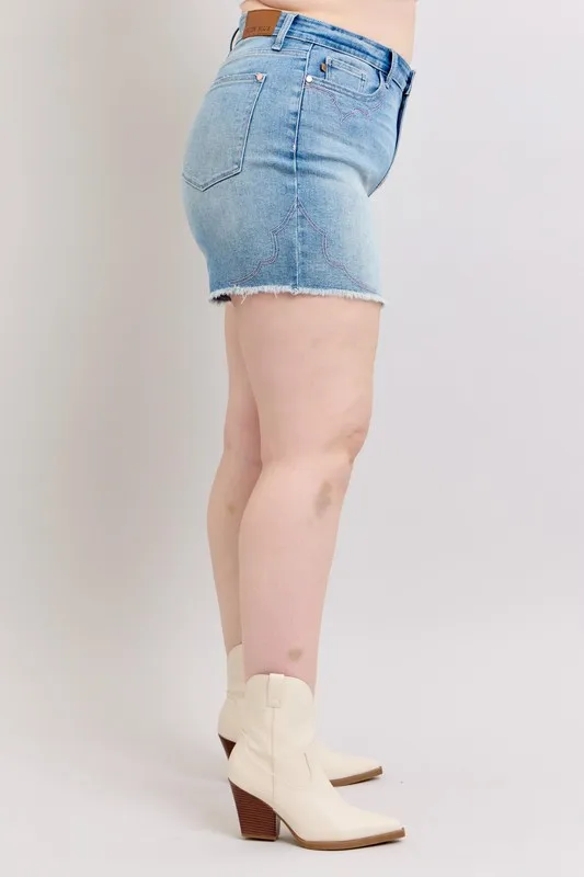 Full Size High Waist Western Embroidery Detail Cut Off Denim Shorts Plus Size, image 9
