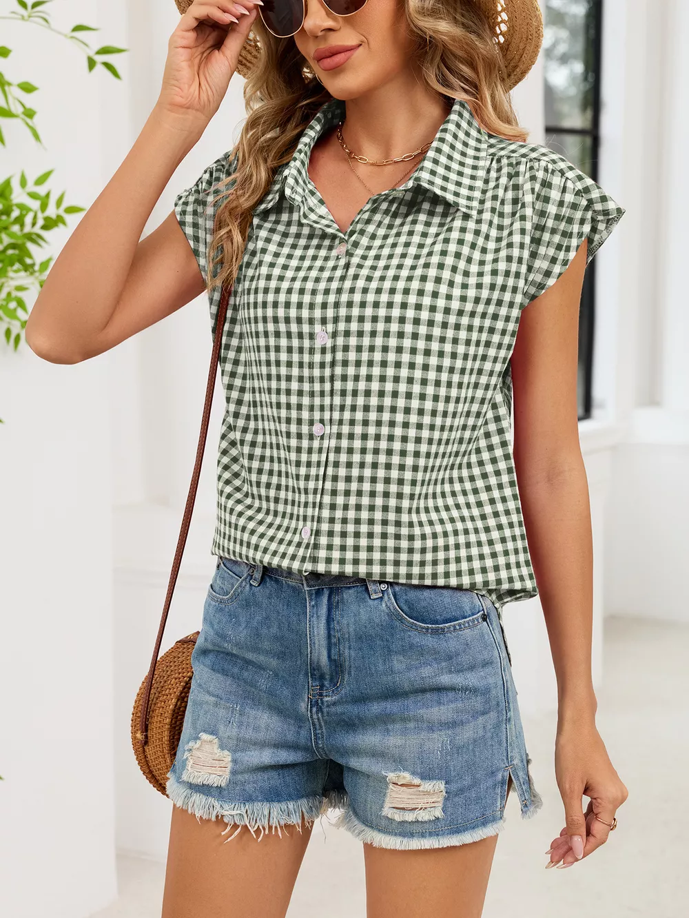 Plaid Button Up Cap Sleeve Shirt, image 27