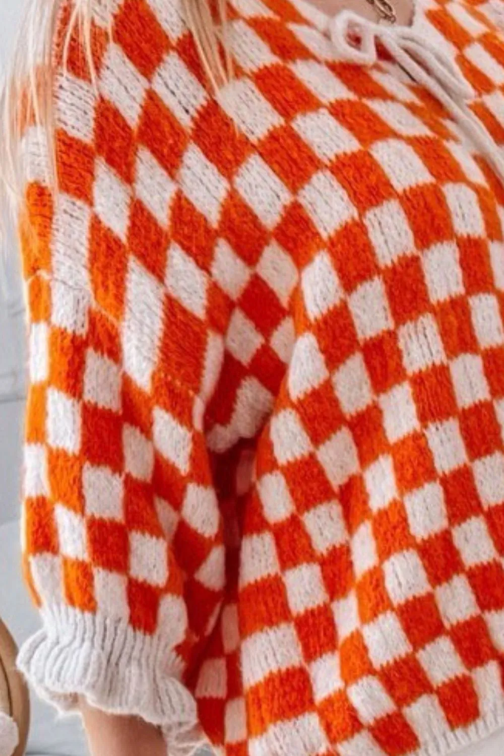 Tied Checkered Dropped Shoulder Flounce Sleeve Cardigan, image 19