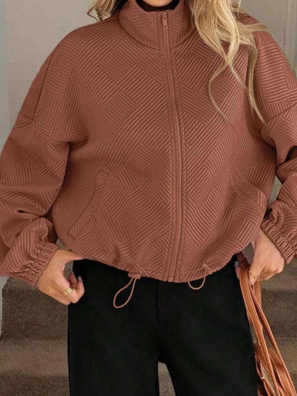 Textured Zip-Up Drawstring Hem Jacket, image 24